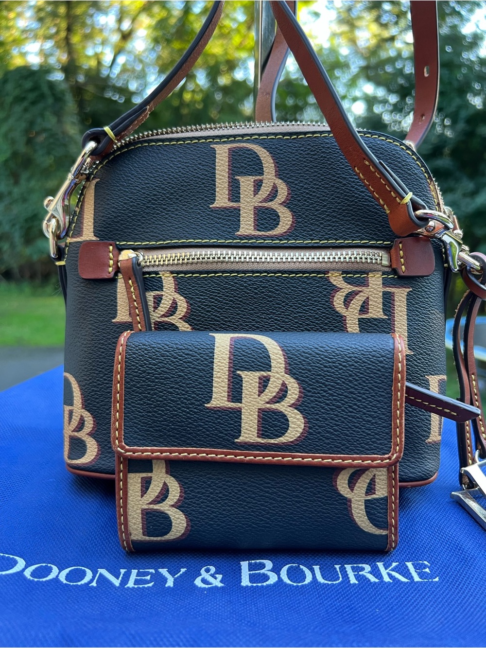 DOONEY AND BOURKE MONOGRAM  DOMED CROSS BODY / SHOULDER BAG AND MATCHING WALLET